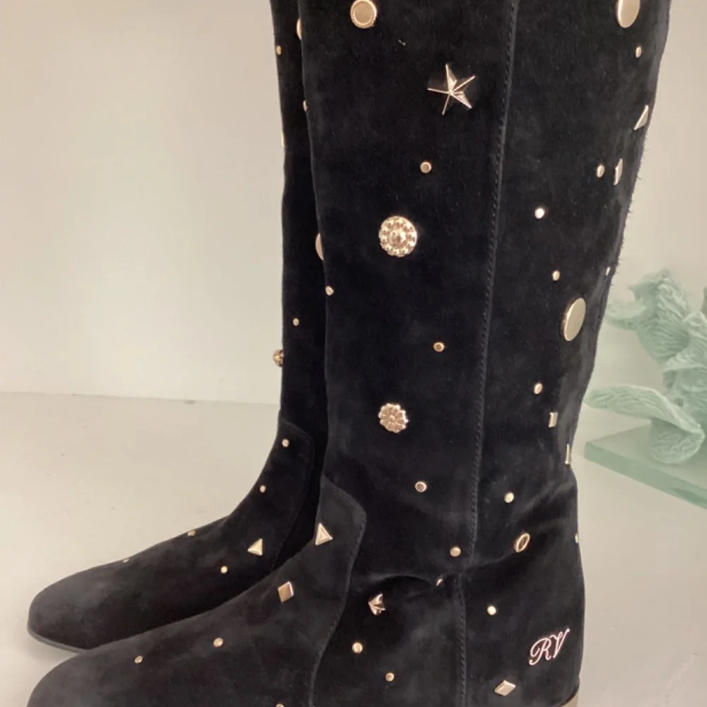 REDUCED ROGER VIVIER Embellished Studded Accent Black Suede OTK Boots Size 37 7